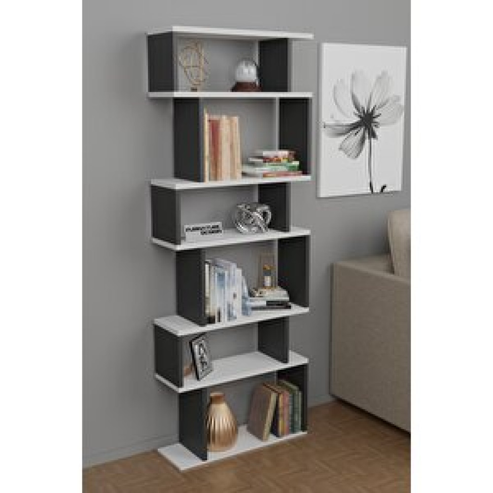 Furnature Design Dekoratif Kitaplık 7 Raflı Kütüphane Raf Ünitesi Antrasit - Beyaz Kitaplık Fiyatı