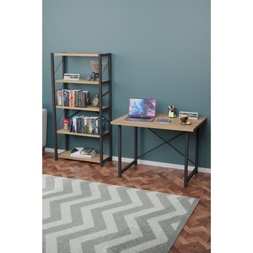 Furnature Design Metal Kitaplık 5 Raflı + 60 x 90 Cm Çalışma Masası Atlantik Çam Kitaplık Fiyatı