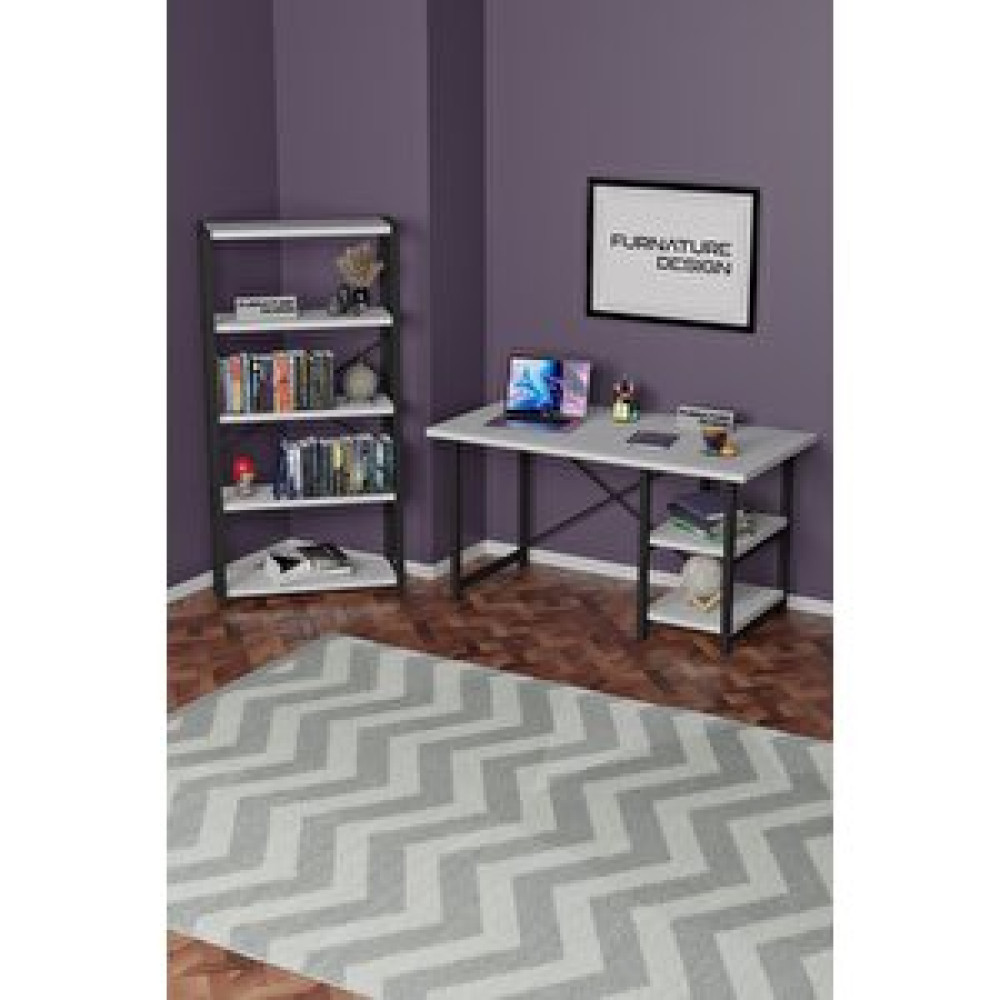 Furnature Design Metal Kitaplık 5 Raflı + 60x120 Çalışma Masası 2 Raflı Beyaz Kitaplık Fiyatı