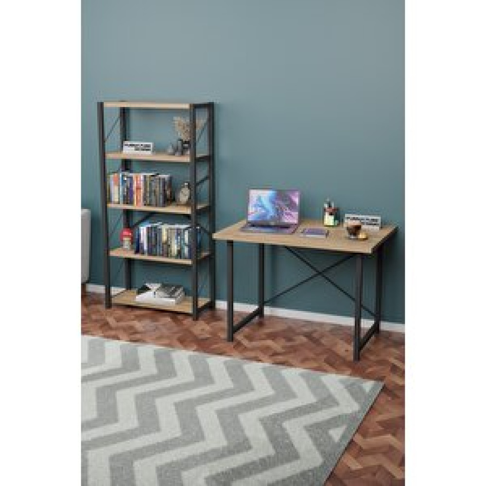 Furnature Design Metal Kitaplık 5 Raflı + 60x90 Çalışma Masası Atlantik Çam Kitaplık Fiyatı