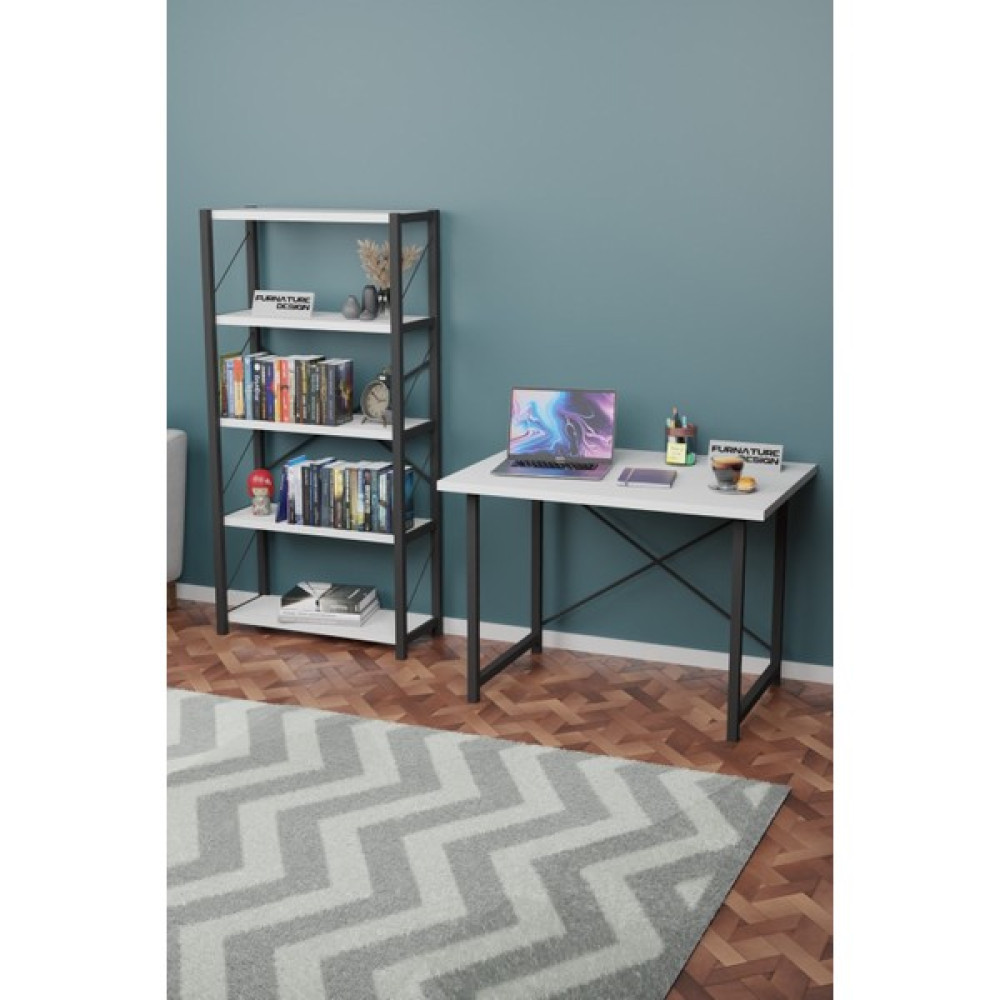 Furnature Design Metal Kitaplık 5 Raflı + 60X90 cm Çalışma Masası Beyaz Kitaplık Fiyatı