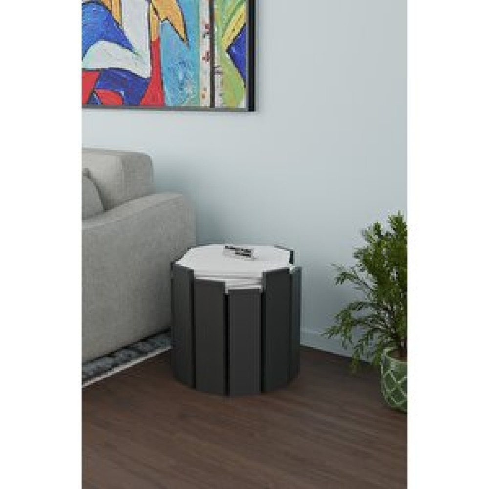 Furnature Design Sekizgen Üçlü Zigon Sehpa Seti Sunta Yan Sehpa Beyaz - Antrasit Zigon Sehpa Fiyatı
