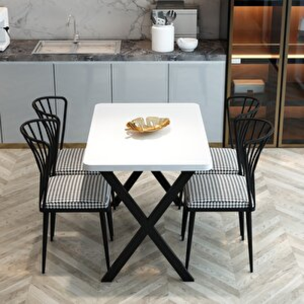 Furnature Design Yemek Masası Takımı X Ayaklı Yemek Masası 70x110 + 4 Adet Sandalye - Beyaz Masa - Sandalye Seti / Takımı Fiyatı