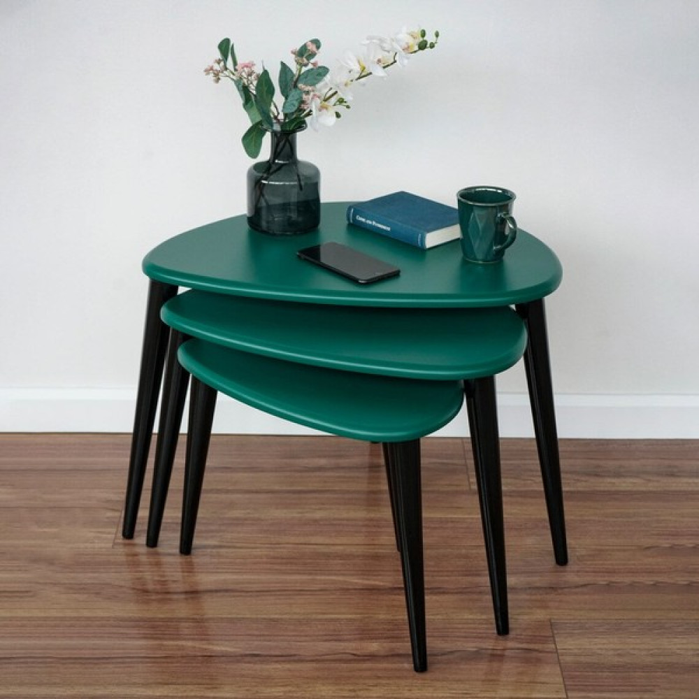 Furni Treasure Ercol Style Lake Boyalı Zigon Orta Sehpa Takımı, Oturma Odası Mobilya 3'lü Set - Yeşil Zigon Sehpa Fiyatı
