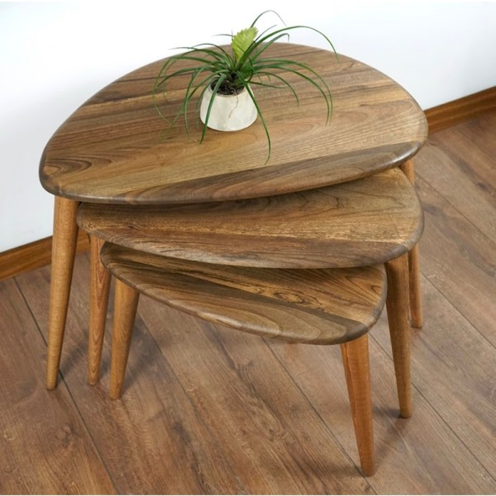 Furni Treasure Ercol Style Masif Gerçek Ceviz Ağacı Zigon Orta Sehpa Takımı, Oturma Odası Mobilya, Zigon 3^lü Set Zigon Sehpa Fiyatı