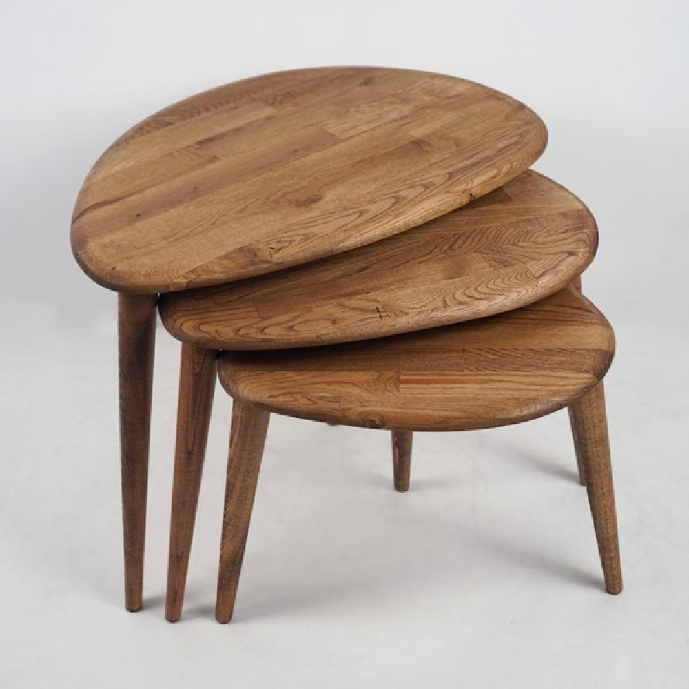 Furni Treasure Ercol Style Masif Gerçek Kestane Ağacı Zigon Orta Sehpa Takımı, Oturma Odası Mobilya, Zigon 3^lü Set - Açık Kahve Kestane Zigon Sehpa Fiyatı