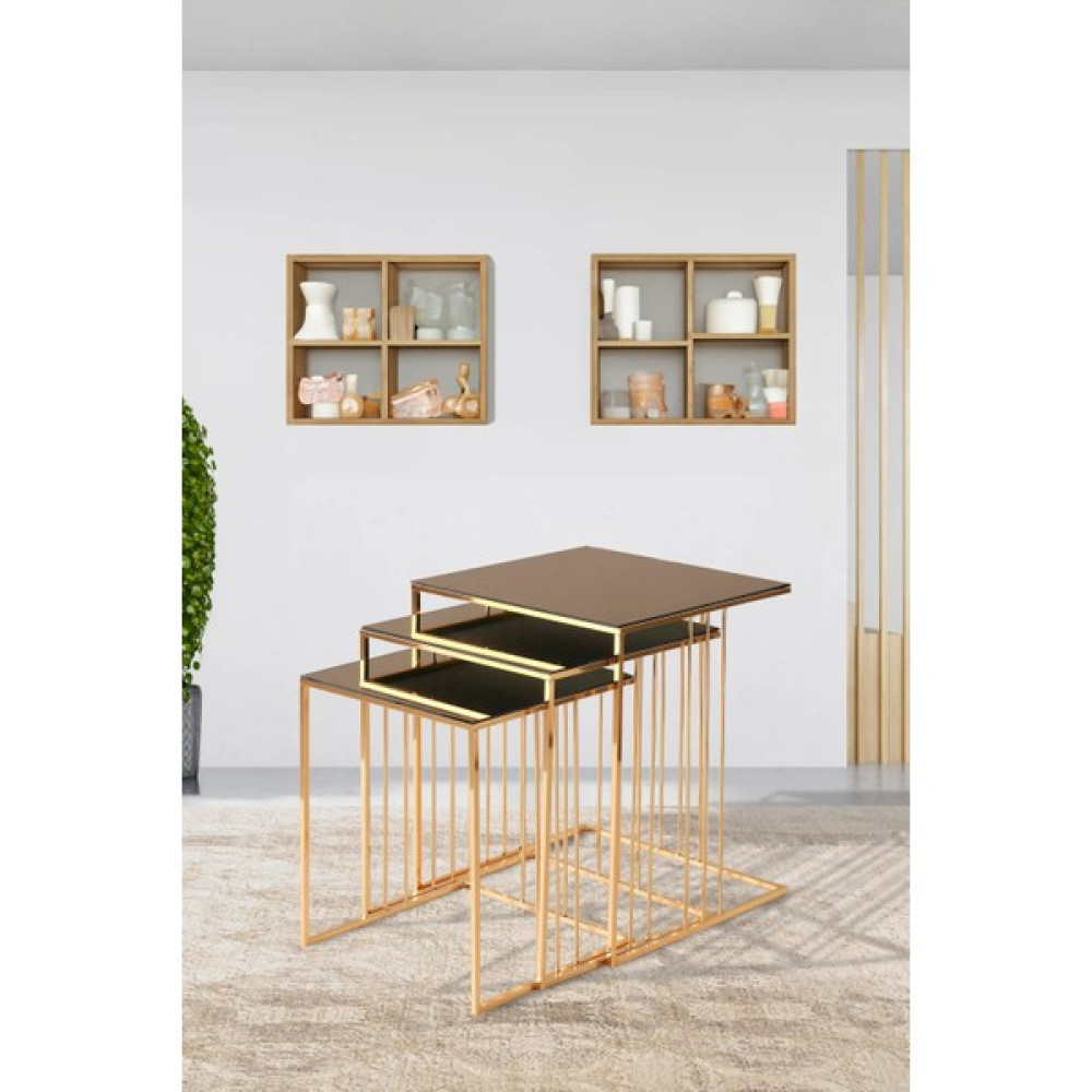 Furnira Mobilya Lund Zigon Sehpa Gold Camlı Oturma Odası Zigon Sehpa Fiyatı