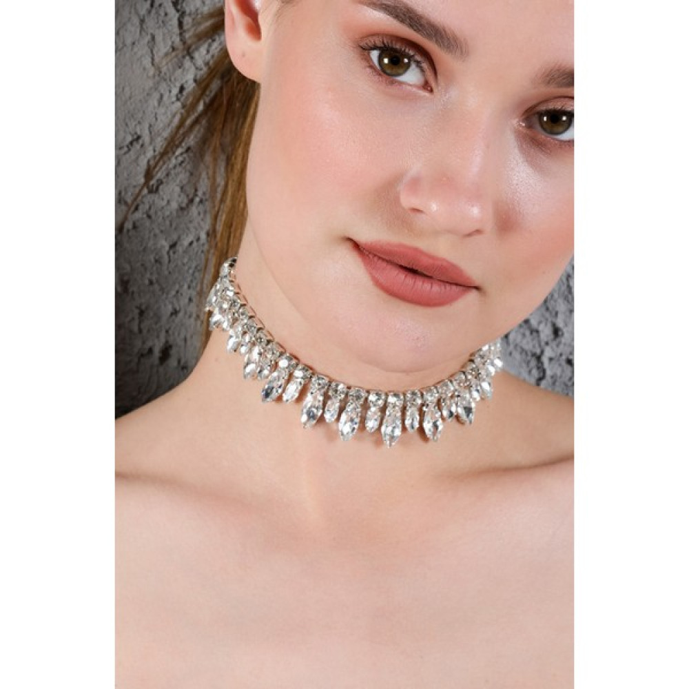 Furtek Aksesuar Kadın Büyük Küçük Badem Zirkon Taşlı Model Gümüş Pırlanta Abiye Düğün Nişan Gelin Kolye Tasma Choker Bijuteri Kolye Fiyatı