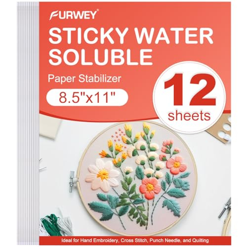 FURWEY 12PCS 8.5"x11" Sticky Water Soluble Embroidery Stabilizer Printable Paper Wash Away Stabilizer Allowed for Print or Draw Patterns Medium Weight for Hand & Machine Embroidery