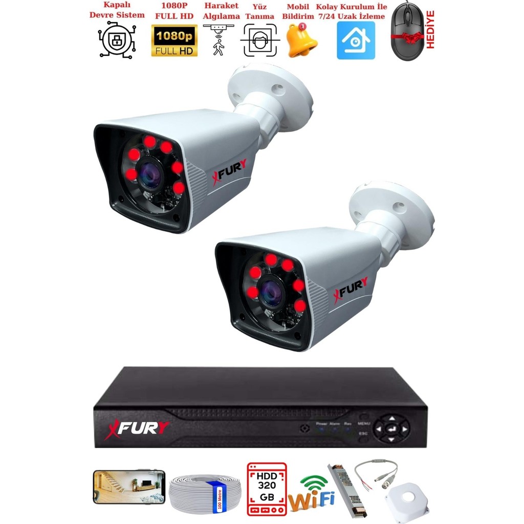 Fury 2 Kameralı 2mp Full Hd Görüntü 6 Atom LED Gece Görüşlü Dış Mekan Güvenlik Kamerası Seti 320GB Güvenlik Kameraları Fiyatı