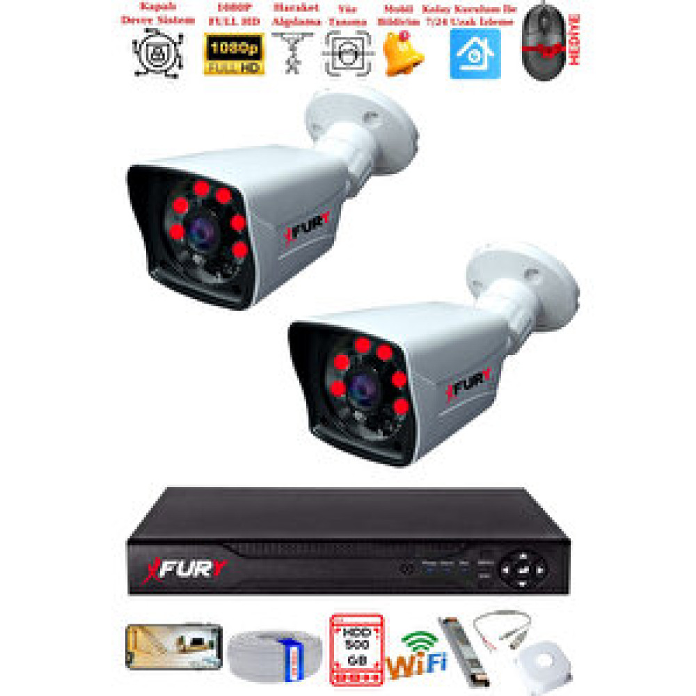 Fury 2 Kameralı 2mp Full Hd Görüntü 6 Atom Led Gece Görüşlü Dış Mekan Güvenlik Kamerası Seti 500gb Güvenlik Sistemi Setleri Fiyatı