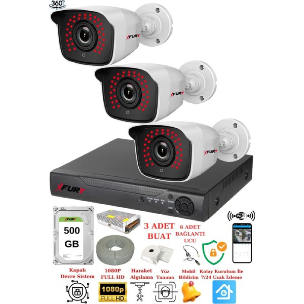Fury 3 Kameralı 5 mp 3.6 mm Lens 2 mp Görüntü 36 LED Gece Görüşlü Fullhd Güvenlik Kamerası 2236 500 GB Güvenlik Kameraları Fiyatı