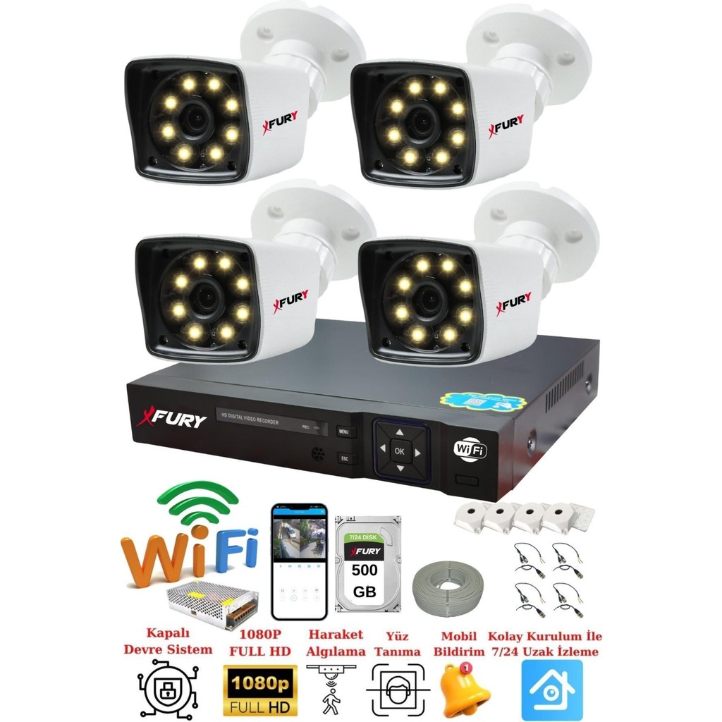 Fury 4 Kameralı 5mp Lens 1080P 2mp Color Görüntü 8 Warm LED Gece Görüş Full HD Güvenlik Kamera 5525W Diğer Fiyatı