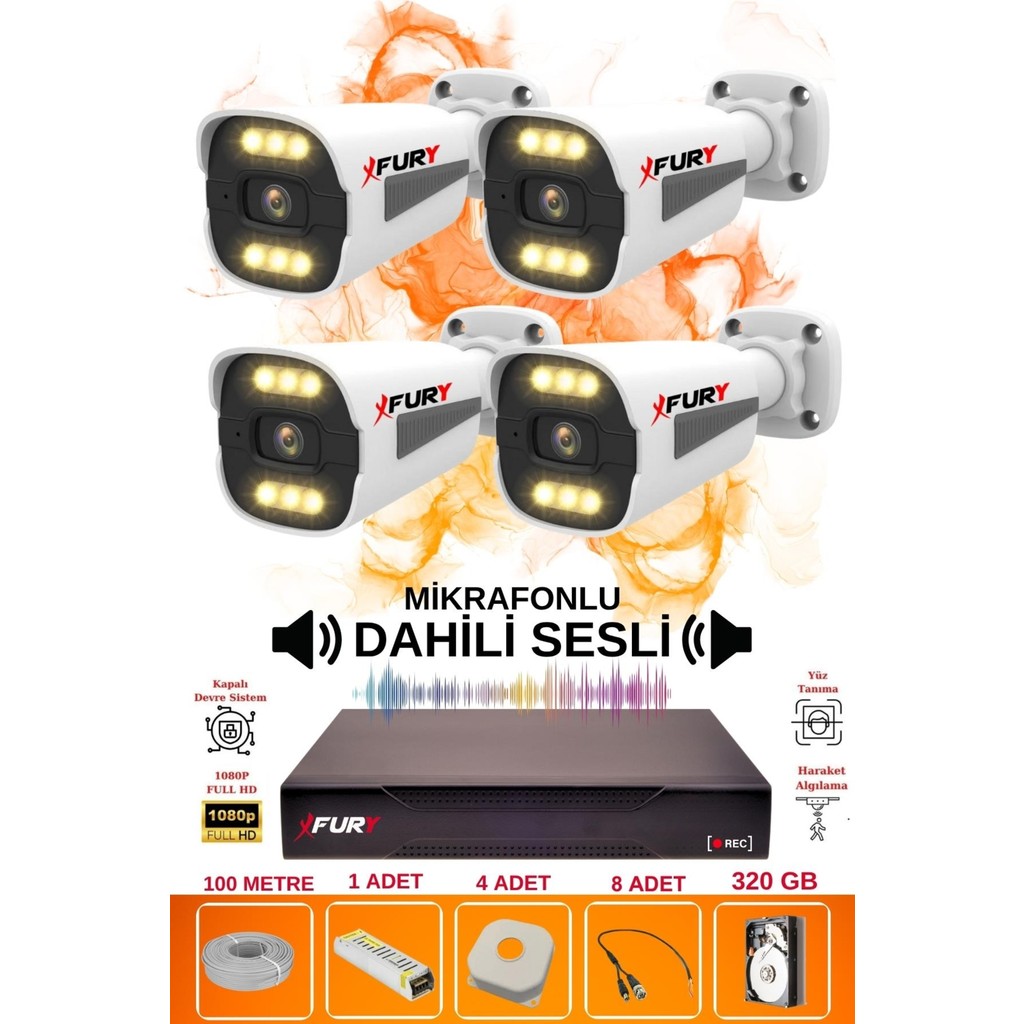 Fury 4 Lü Sesli 6 Warm LED Gece Renkli Görüş Su Geçirmez Güvenlik Kamerası Seti 320GB Güvenlik Kameraları Fiyatı