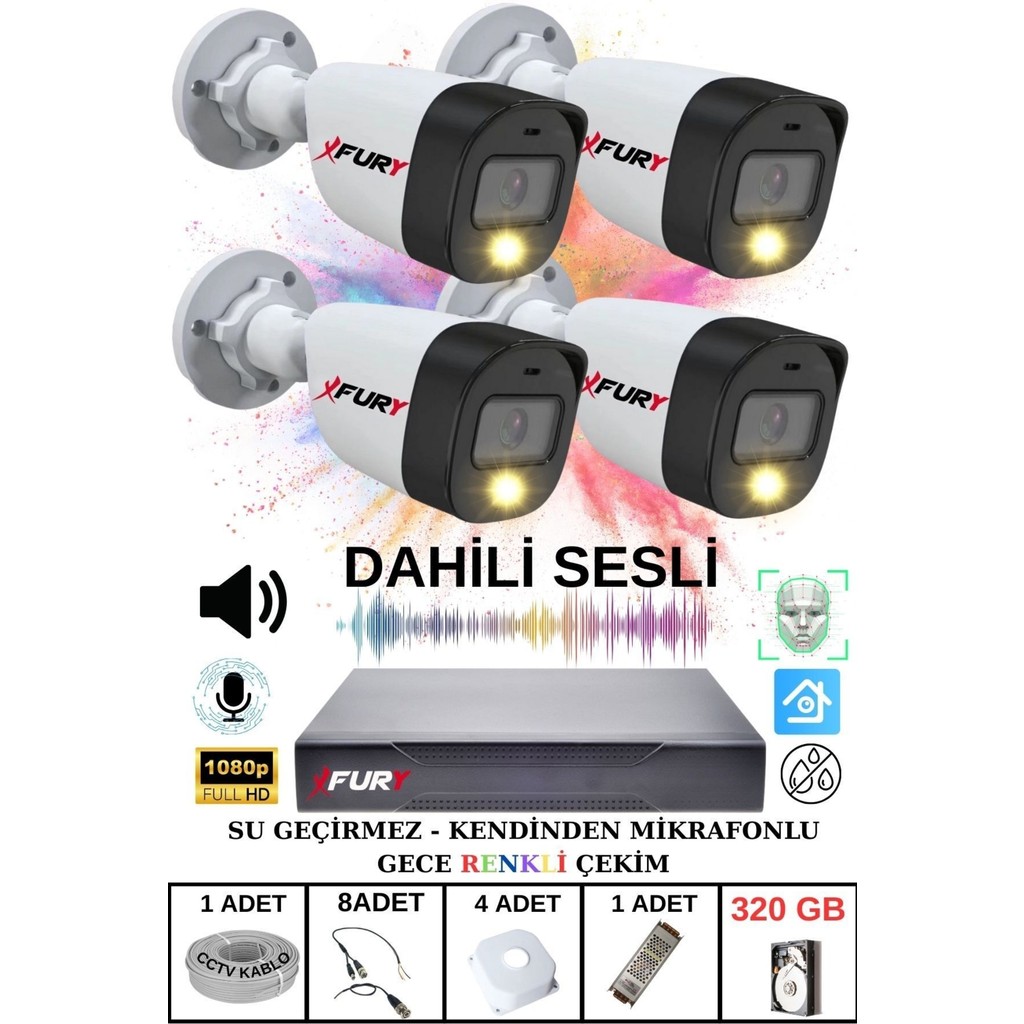Fury 4 Lü Sesli Gece Renkli Görüş Güvenlik Kamerası Su Geçirmez Güvenlik Kamerası Seti 320GB Güvenlik Kameraları Fiyatı
