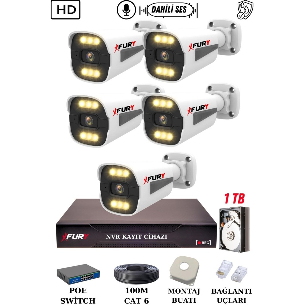 Fury 5 Kameralı Ip Güvenlik Kamerası Seti Sesli 4mp Gece Renkli Su Geçirmez 1506S 1tb Güvenlik Kameraları Fiyatı