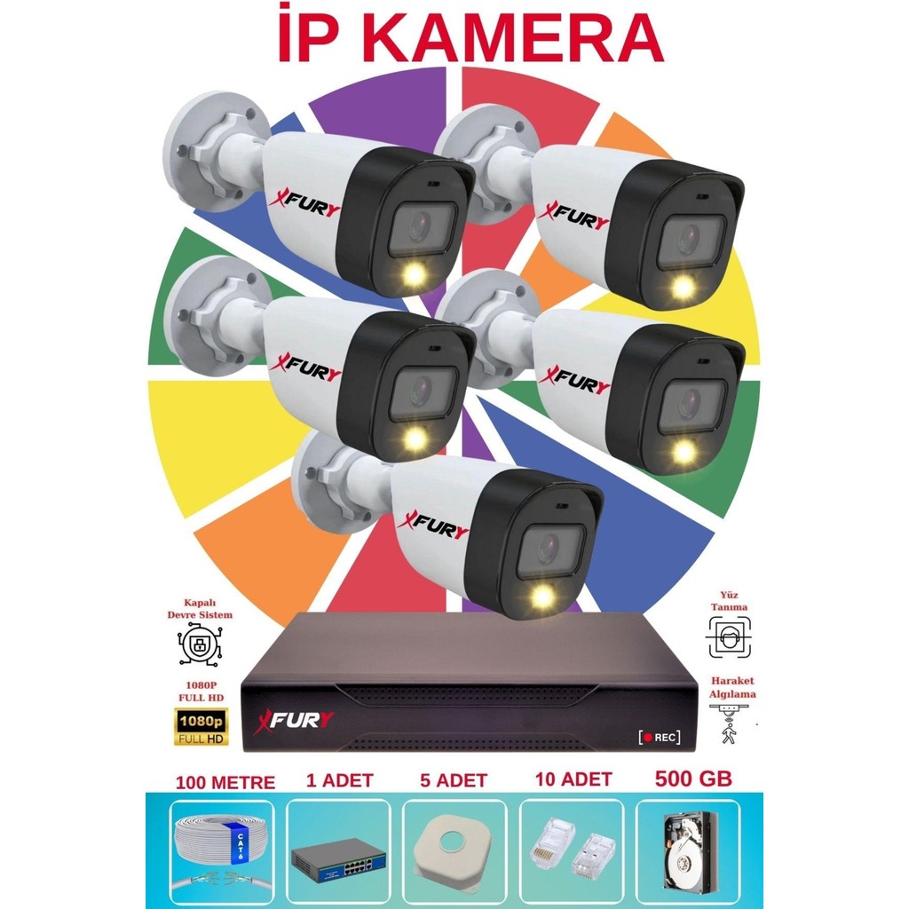 Fury 5 Li Ip Güvenlik Kamera Seti Sesli 4mp Gece Renkli Su Geçirmez 5515S 500GB Güvenlik Kameraları Fiyatı