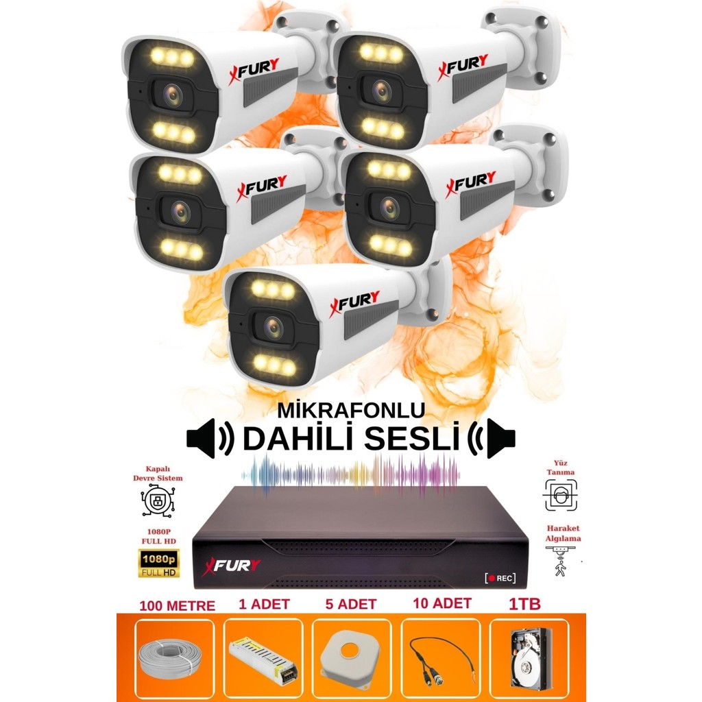 Fury 5 Li Sesli 6 Warm LED Gece Renkli Görüş Su Geçirmez Güvenlik Kamerası Seti 1tb Güvenlik Kameraları Fiyatı