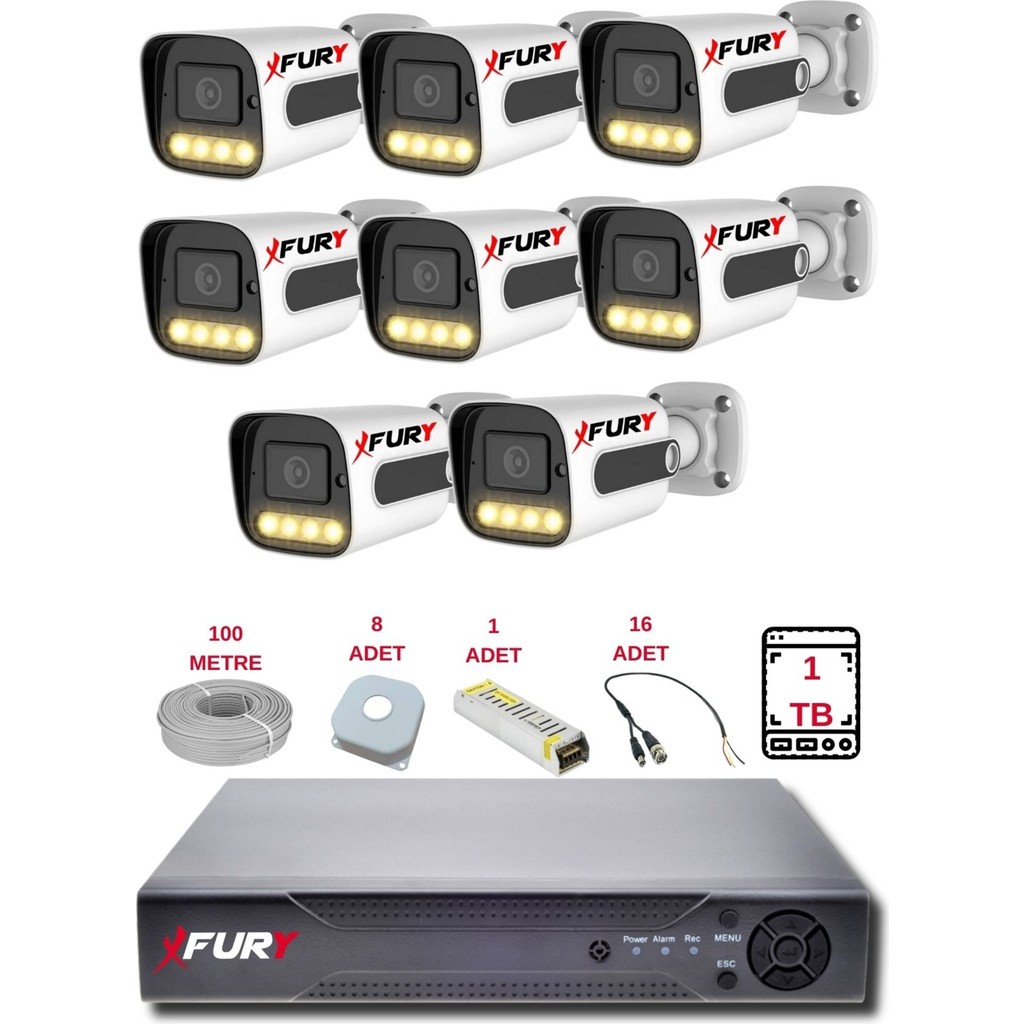 Fury 8 Kameralı Set Full Hd Gece Renkli Görüş-Cepten İzle - Su Geçirmez Güvenlik Kamerası Seti 1tb Güvenlik Kameraları Fiyatı