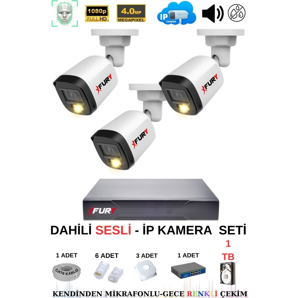 Fury Ip Güvenlik Kamera Seti 3 Kameralı Sesli 4mp Gece Renkli Su Geçirmez IP5515S 1tb - Beyaz Güvenlik Kameraları Fiyatı