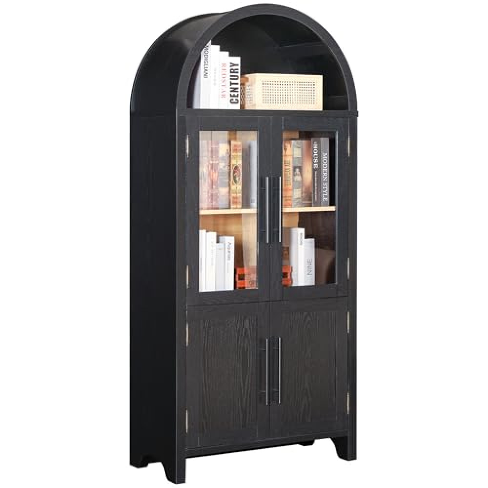 FUSUNBAO 71" Farmhouse Tall Arched Pantry Storage Cabinet & Display Cabinet with Glass Doors – China, Curio & Bookshelf for Kitchen, Dining & Living Room, Black
