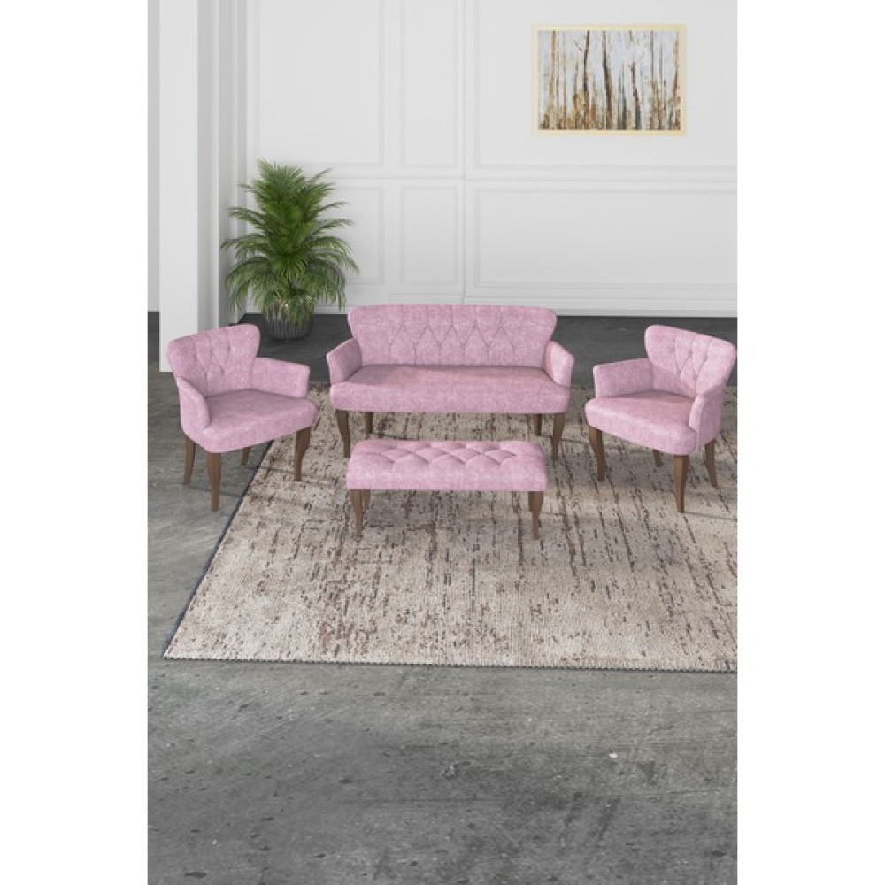 Gada Grup Gadagrup Kolu Çay Seti Koltuk Takımı, Salon Balkon Takımı(2+1+1+Puf Ceviz Ayak) - Pembe Koltuk Takımı / Seti Fiyatı