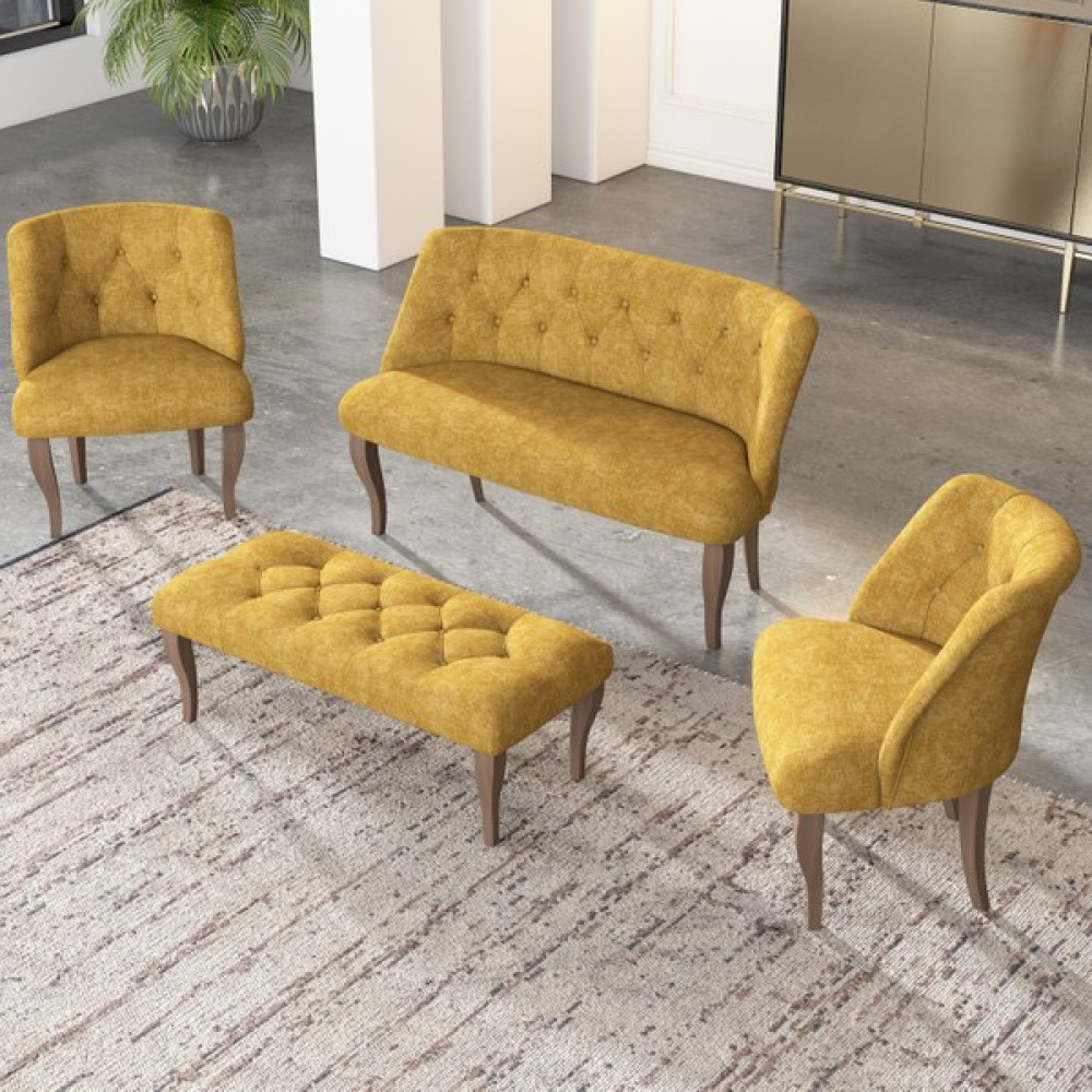 Gadahome Çay Seti Koltuk Takımı, Salon Balkon Takımı(2+1+1+Puf Ceviz Ayak) - Sarı Koltuk Takımı / Seti Fiyatı