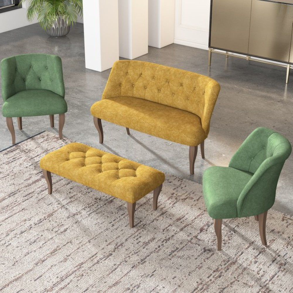 Gadahome Çay Seti Koltuk Takımı, Salon Balkon Takımı(2+1+1+Puf Ceviz Ayak) - Sarı - Yeşil Koltuk Takımı / Seti Fiyatı