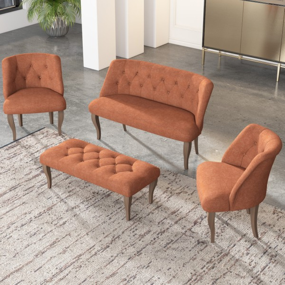 Gadahome Çay Seti Koltuk Takımı, Salon Balkon Takımı(2+1+1+Puf Ceviz Ayak) - Turuncu Koltuk Takımı / Seti Fiyatı