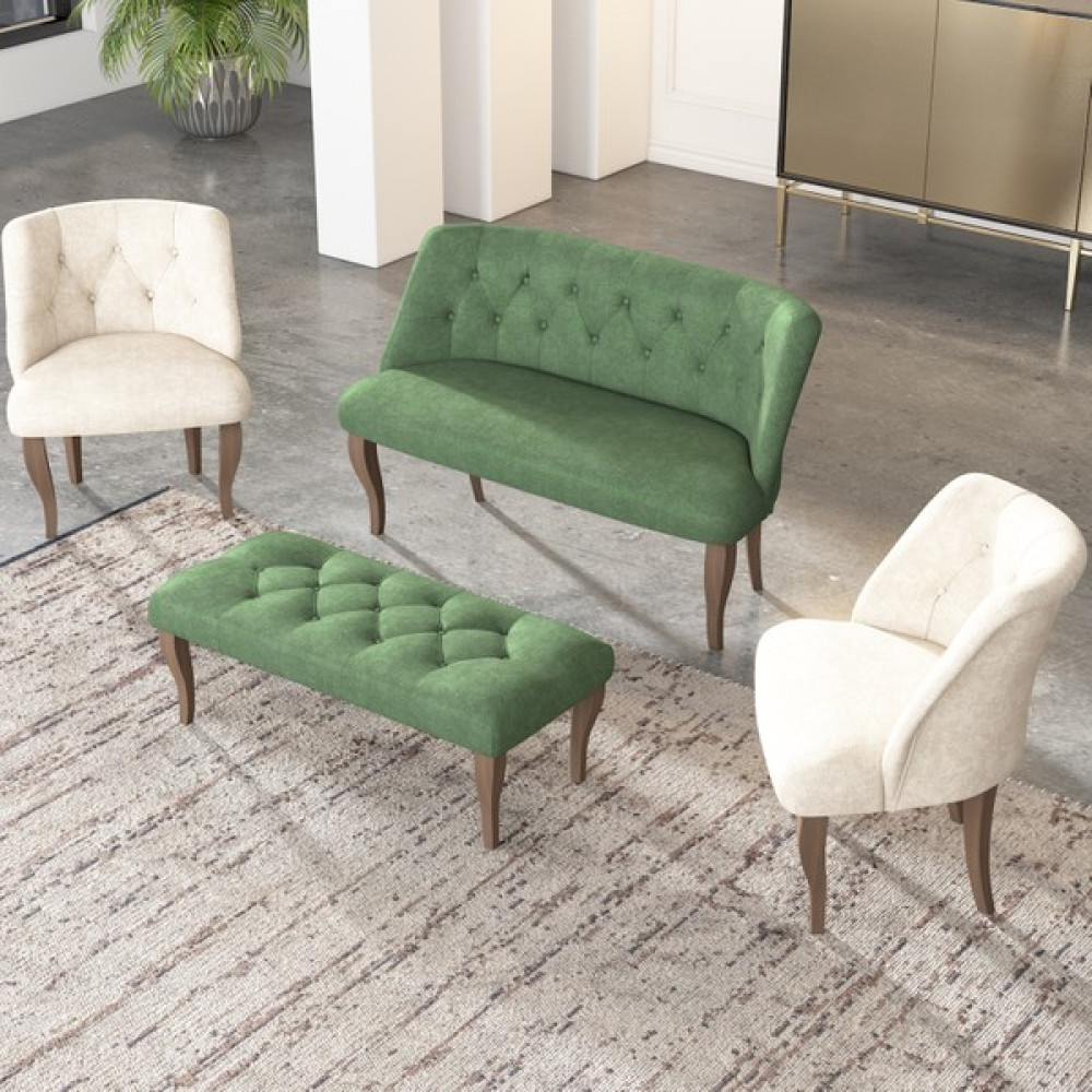 Gadahome Çay Seti Koltuk Takımı, Salon Balkon Takımı(2+1+1+Puf Ceviz Ayak) - Yeşil - Krem Koltuk Takımı / Seti Fiyatı