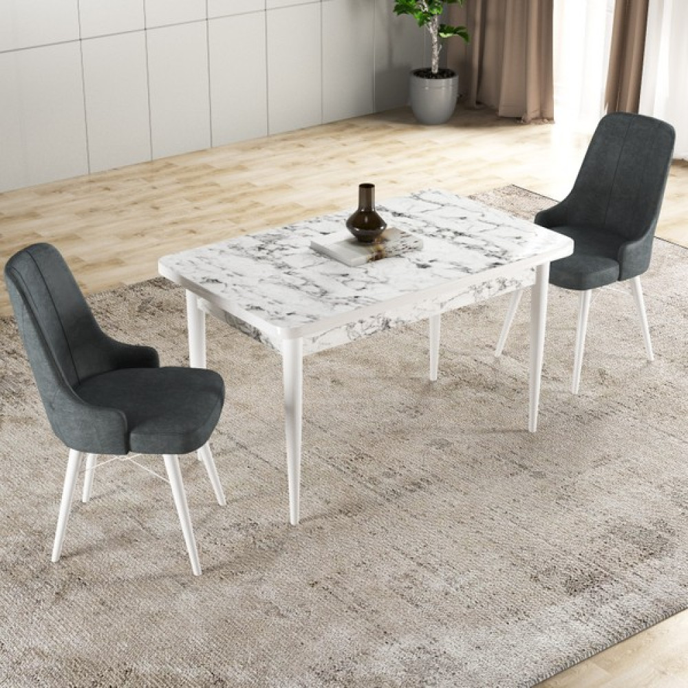 Gadahome Hera Serisi Mdf Mutfak-Salon Masa Sandalye Takımı (2 Sandalyeli) Beyaz Mermer Görünümlü - Antrasit - 70 x 120 cm Masa - Sandalye Seti / Takımı Fiyatı