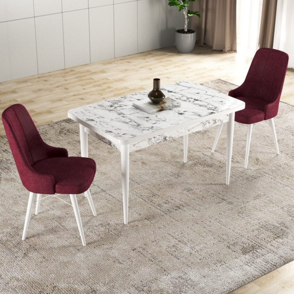 Gadahome Hera Serisi Mdf Mutfak-Salon Masa Sandalye Takımı (2 Sandalyeli) Beyaz Mermer Görünümlü - Bordo - 70 x 120 cm Masa - Sandalye Seti / Takımı Fiyatı
