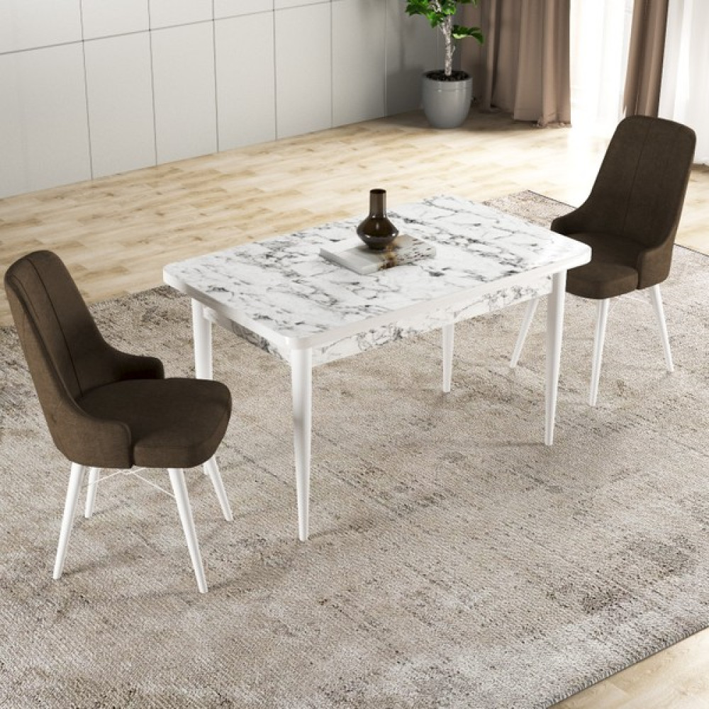 Gadahome Hera Serisi Mdf Mutfak-Salon Masa Sandalye Takımı (2 Sandalyeli) Beyaz Mermer Görünümlü - Kahverengi - 70 x 120 cm Masa - Sandalye Seti / Takımı Fiyatı