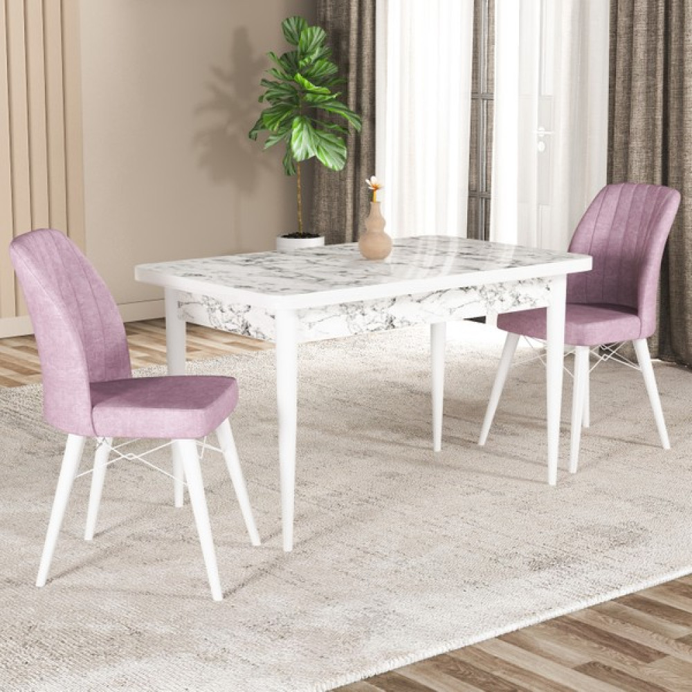 Gadahome Hestia Serisi Mdf Mutfak-Salon Masa Sandalye Takımı (2 Sandalyeli) Beyaz Mermer Görünümlü - Pembe Masa - Sandalye Seti / Takımı Fiyatı