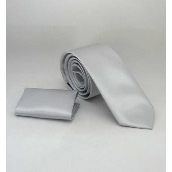 Gaffy SS-03 Açık Gri Slim Fit Düz Renk Mendilli Saten Kravat
