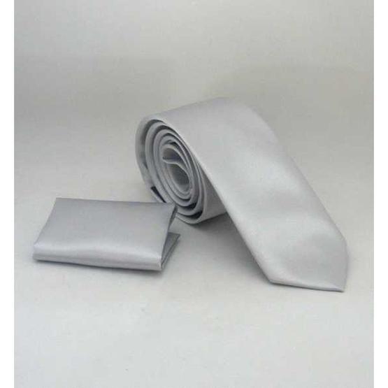 Gaffy SS-03 Açık Gri Slim Fit Düz Renk Mendilli Saten Kravat