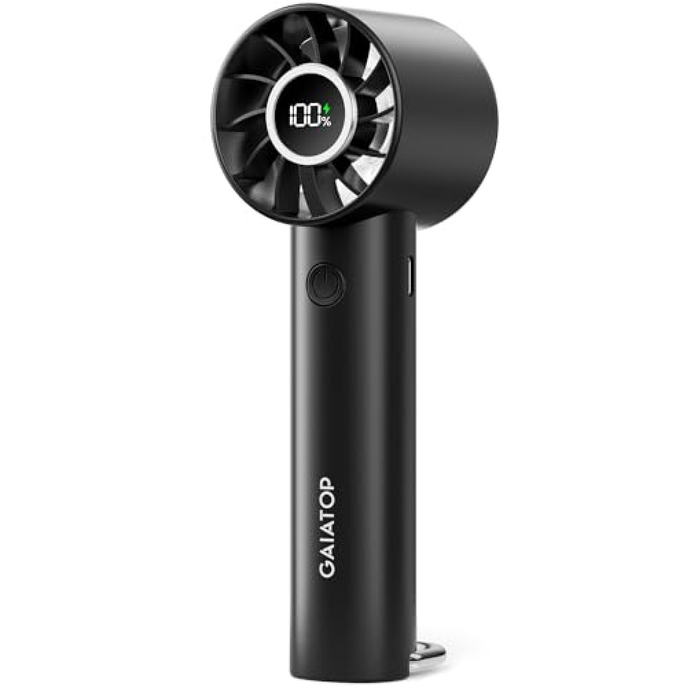 Gaiatop Portable Mini Fan, 3 Speed Handheld Fans with Power Display Flashlight, USB Rechargeable Battery, Lightweight Personal Cooling for Women Men Indoor Outdoor Travel Black