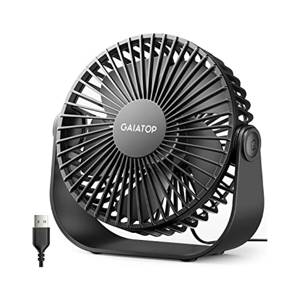 Gaiatop USB Desk Fan, 3 Speeds Strong Airflow, 5.5 Inch Portable 90° Rotate Quiet Cooling, Small Personal Table Fans for Bedroom Home Office Travel Black