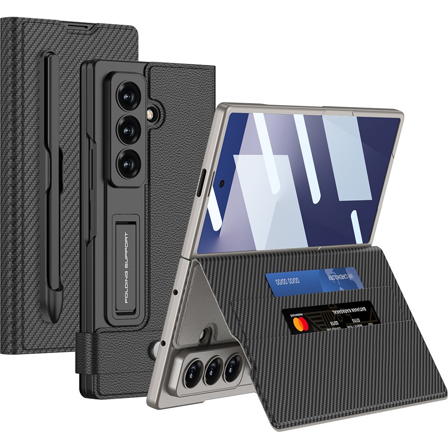 Galaxy Z Fold 7 Suni Deri Tasarımlı Kalem Bölmeli Kıpta Kartlıklı Standlı Kapak - Siyah Kalem & Yazı Gereçleri Fiyatı