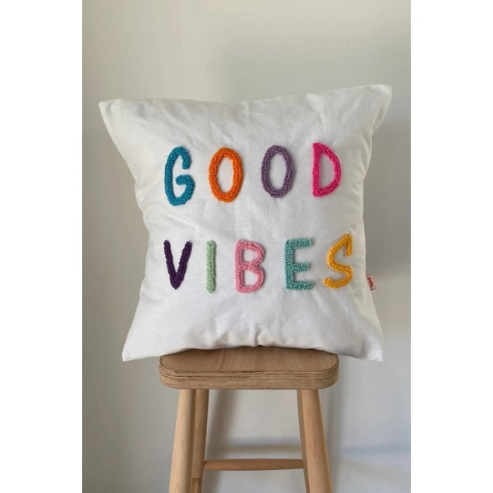 Galia Textile Galia Tasarım Good Vibes Motto Punch Kırlent Yastık Kılıfı - 45 x 45 cm - Beyaz Kırlent / Mobilya Yastığı Fiyatı