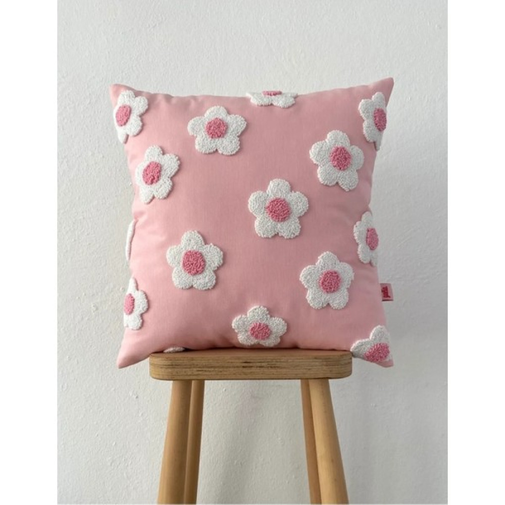 Galia Textile Galia Tasarım Papatya Pembe Çiçek Desenli Punch Kırlent Yastık Kılıfı - 42 x 42 cm Kırlent / Mobilya Yastığı Fiyatı