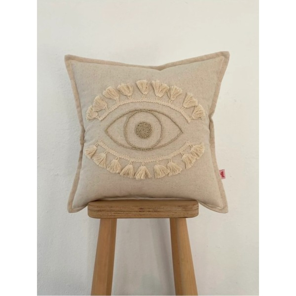 Galia Textile Galia Tasarım Simli Göz Figürlü Yıkanmış Keten Bohem Pamuk Püsküllü Punch Kırlent Yastık Kılıfı - 45 x 45 cm Kırlent / Mobilya Yastığı Fiyatı