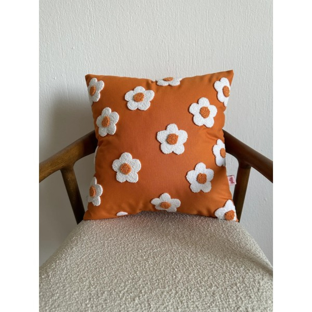Galia Textile Galia Tasarım Turuncu Beyaz Papatya Çiçek Desenli Punch Kırlent Yastık Kılıfı - 42 x 42 cm Kırlent / Mobilya Yastığı Fiyatı