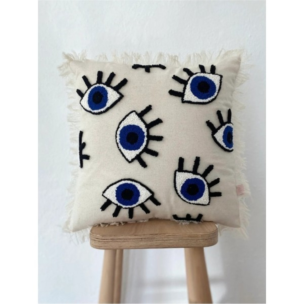 Galia Textile Galiatasarım Yıkanmış Keten Bohem Göz Figürlü Püsküllü Punch Kırlent Yastık Kılıfı - 42 x 42 cm - Saks Mavisi Kırlent / Mobilya Yastığı Fiyatı
