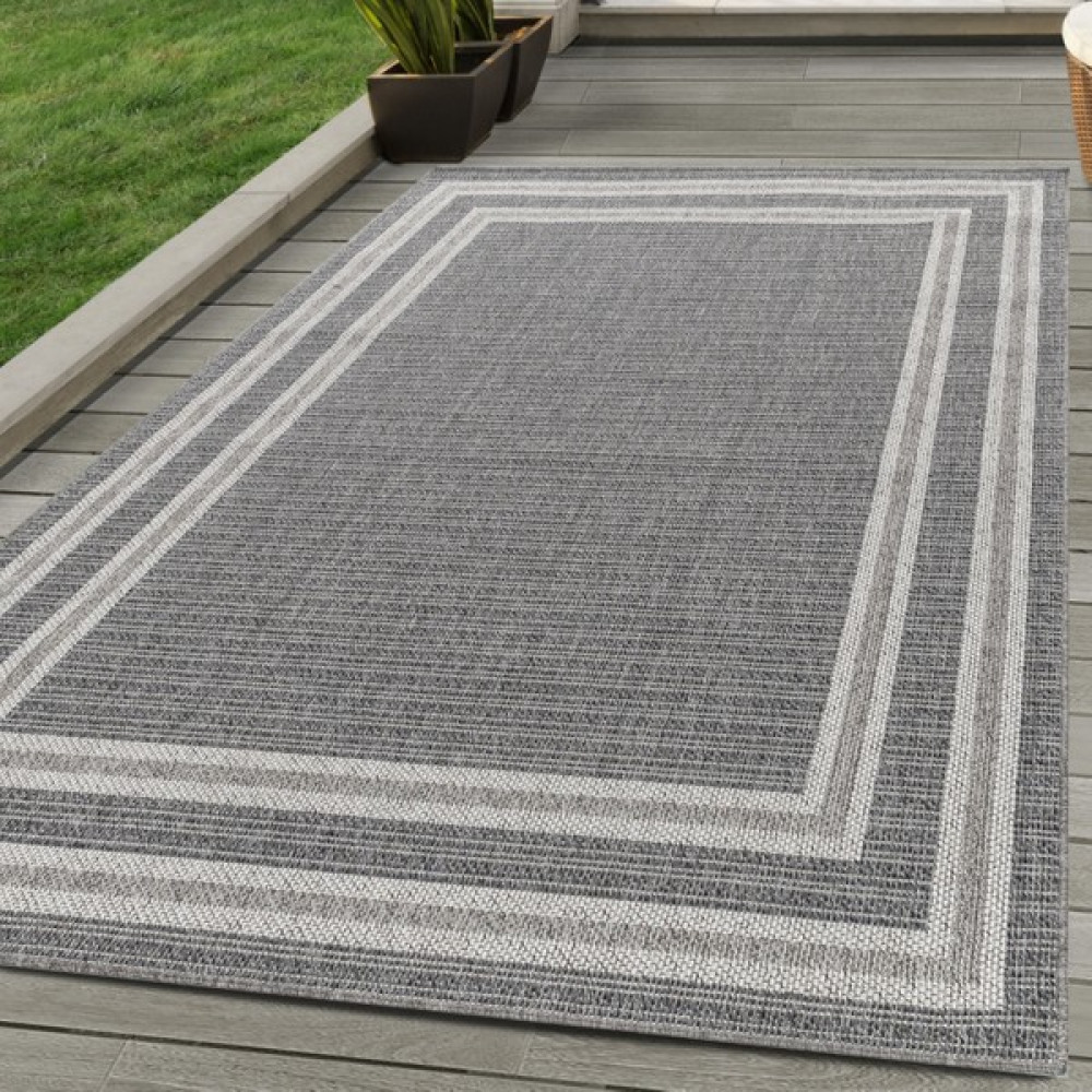 Galleon Design Hasır Görünümlü Dış Mekan Teras Halısı Sisal Çift Bordür Desenli Gri Halı - 60 x 100 cm - Renkli Salon Halısı Fiyatı