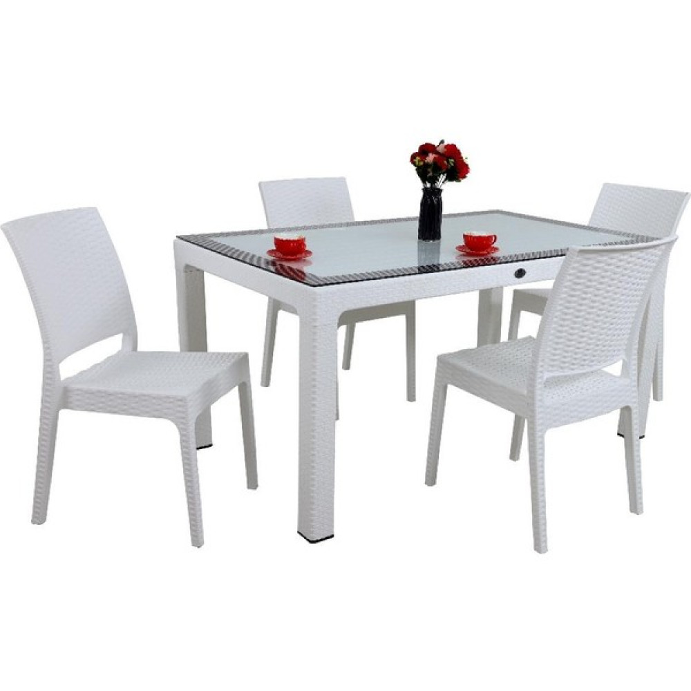 Galleon Design Luna Elit Rattan 90X150 4 Kişilik Elit Sandalye Camlı Masa Takımı Beyaz Bahçe Mobilyası Takımı Fiyatı