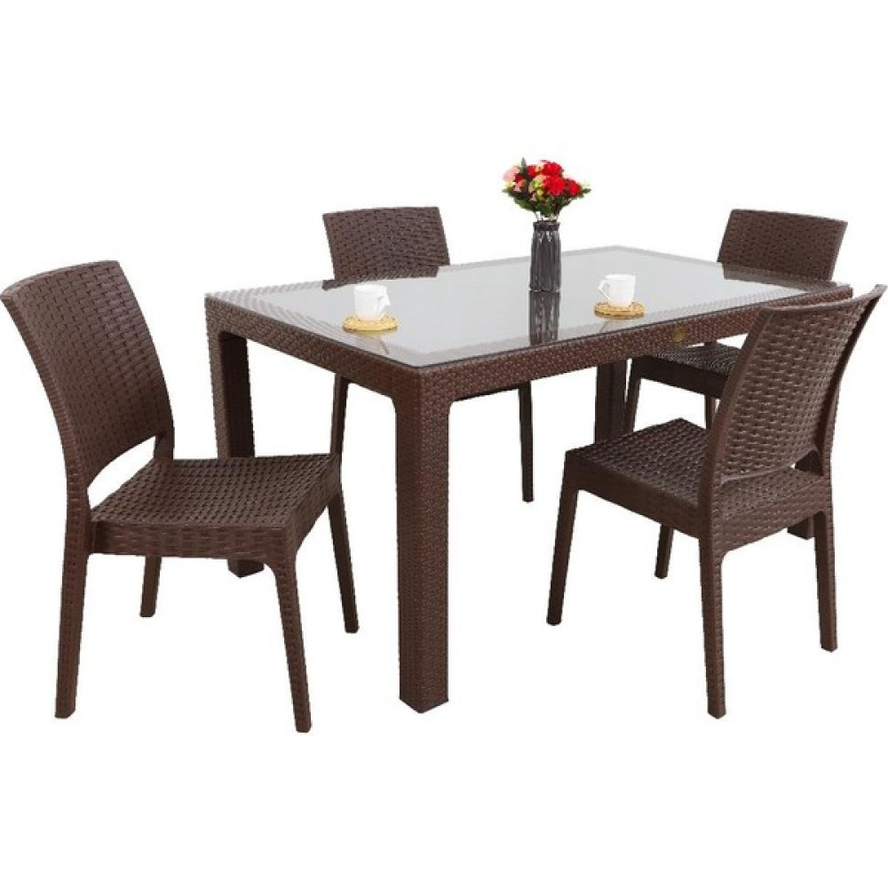 Galleon Design Luna Elit Rattan 90X150 4 Kişilik Elit Sandalye Camlı Masa Takımı Kahverengi Bahçe Mobilyası Takımı Fiyatı