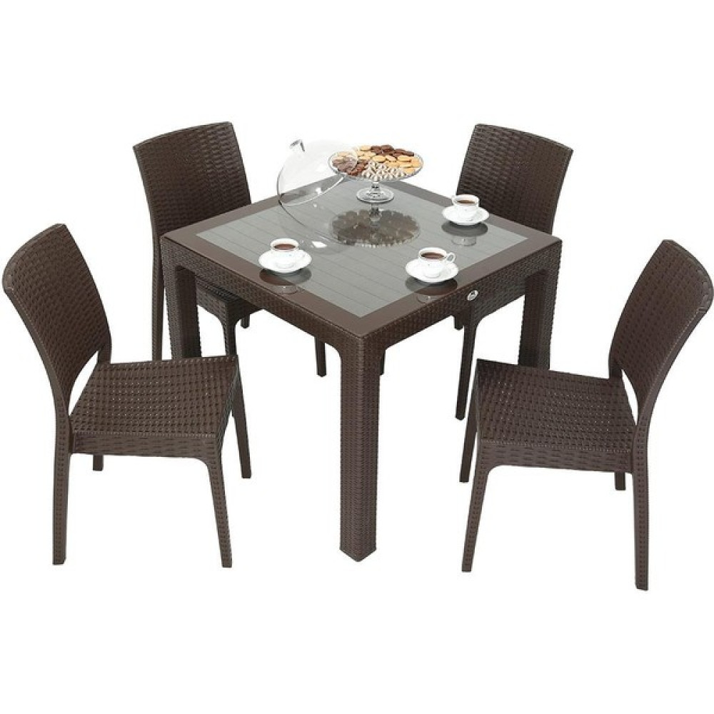 Galleon Design Luna Elit Rattan 90X90 Elit Sandalye Camlı Masa Takımı Kahverengi Bahçe Mobilyası Takımı Fiyatı