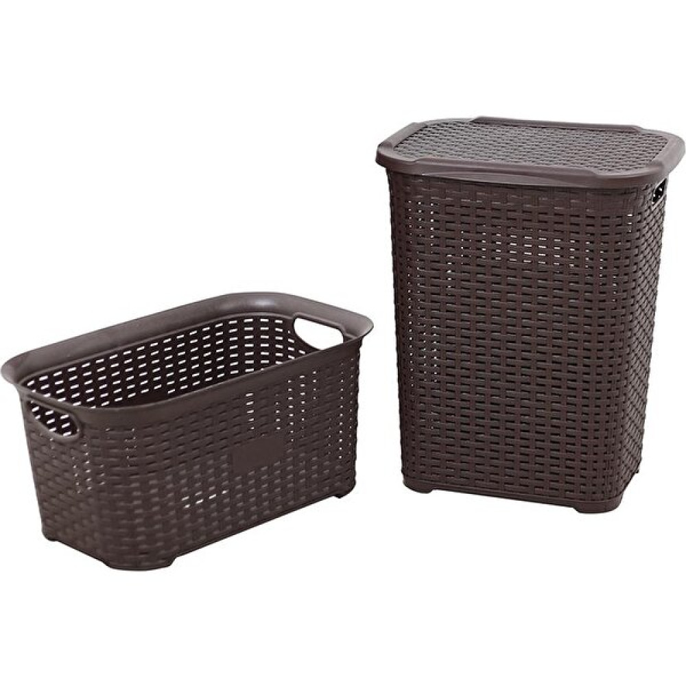 Galleon Design Rattan Hasır Görünümlü Kirli Çamaşır Sepeti- Çamaşır Sepeti 2'li Set Kahverengi Sepet Fiyatı
