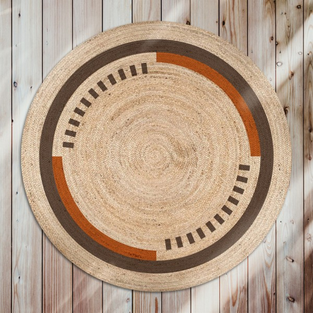 Galo Bolero Örgü Kahve Siyah Çark Desen Baskılı Yuvarlak Modern Jüt Halat Halı Hasır Kilim - Bej - 80 x 80 cm Kilim Fiyatı